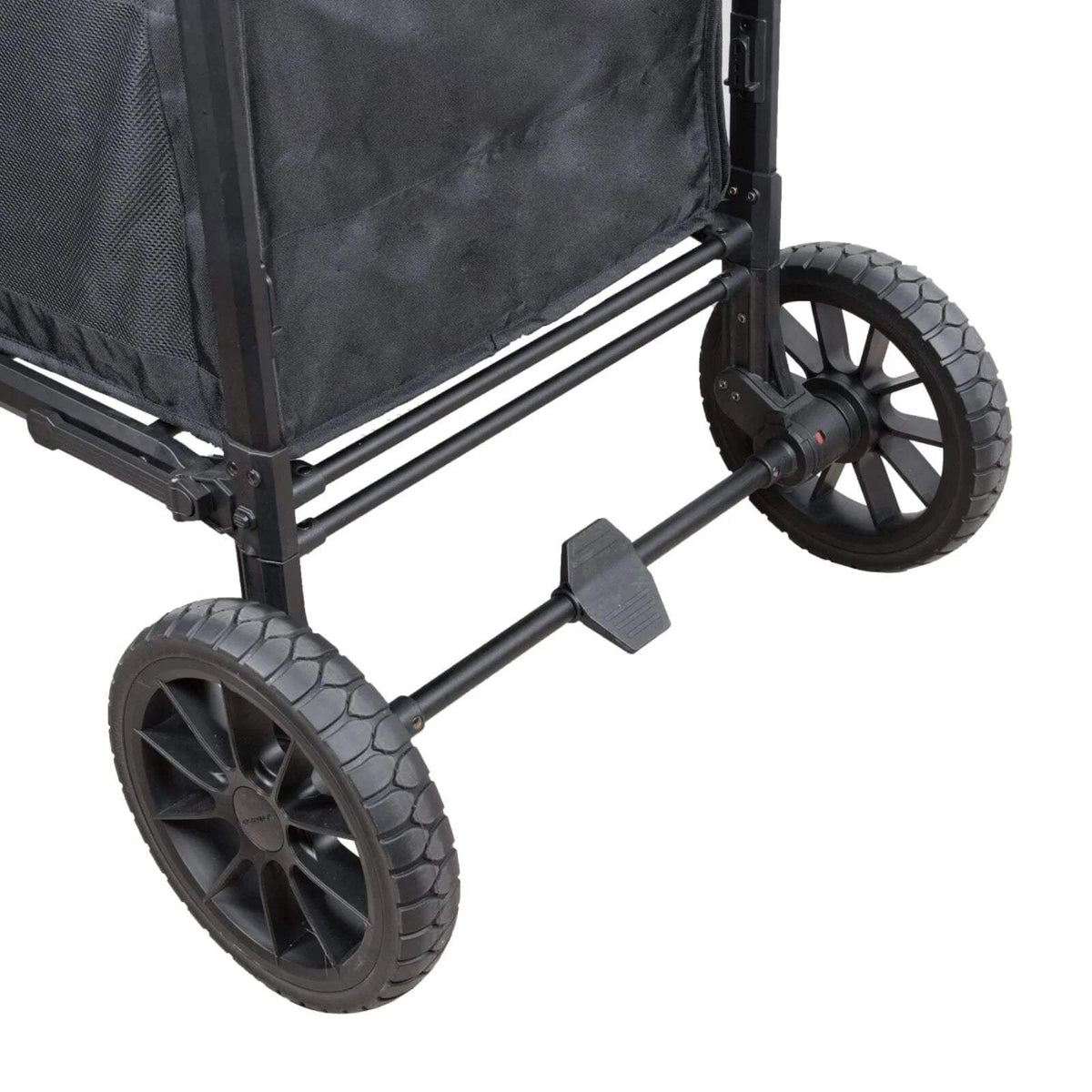 Jet black stroller wagon with large rugged wheels and metal chassis support bars