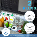 Interior view of cooler with cans and bottles inside and white divider rack