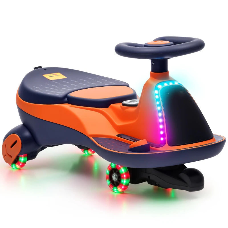 Orange kids electric wiggle car with RGB lights, black seat and steering wheel