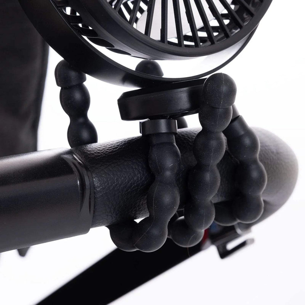 Black flexible fan stand with textured grips and mounting arm