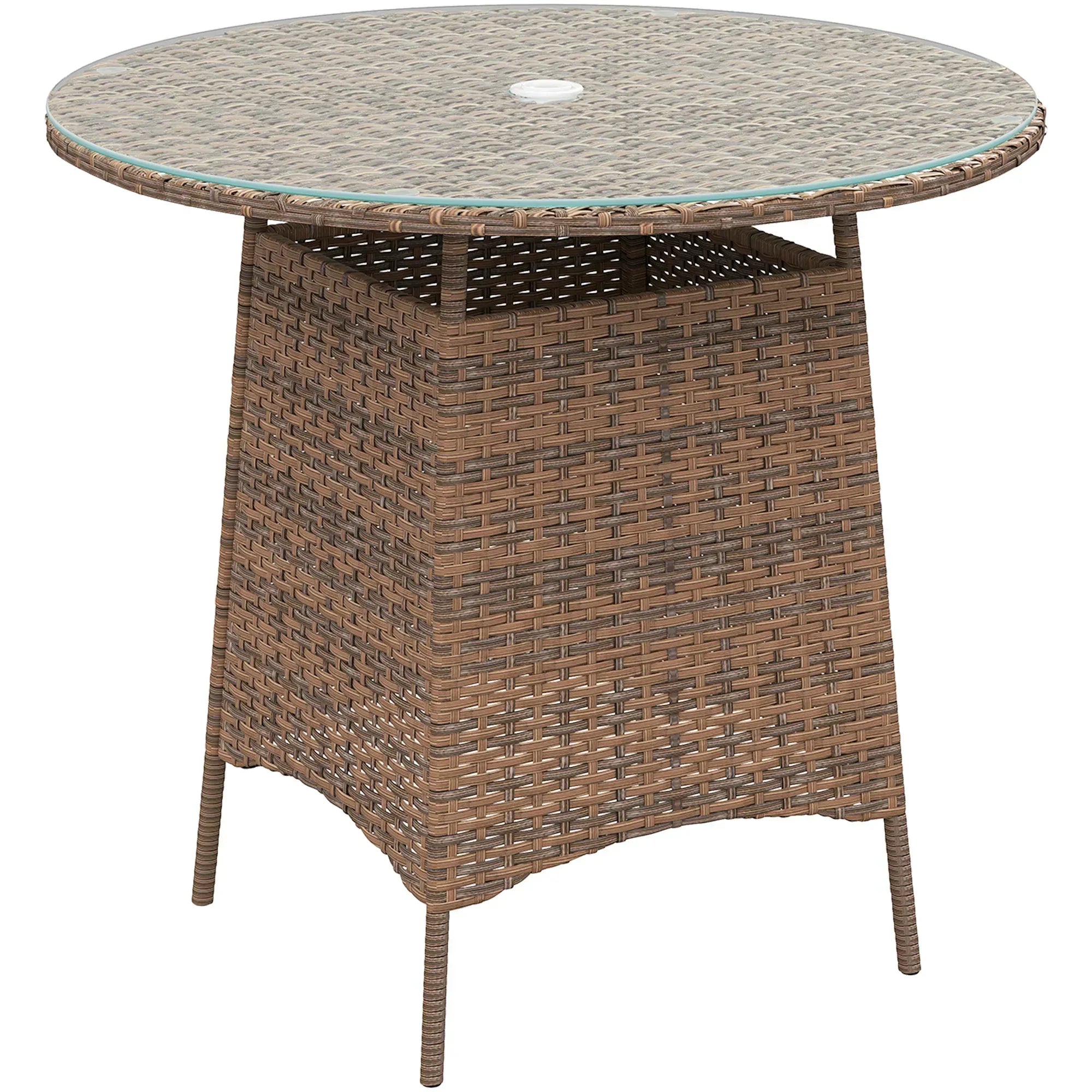 Wicker Garden Rattan Table, Patio Furniture Outdoor Coffee Table with Umbrella Hole and Tempered Glass Top, Brown - Bobobiy