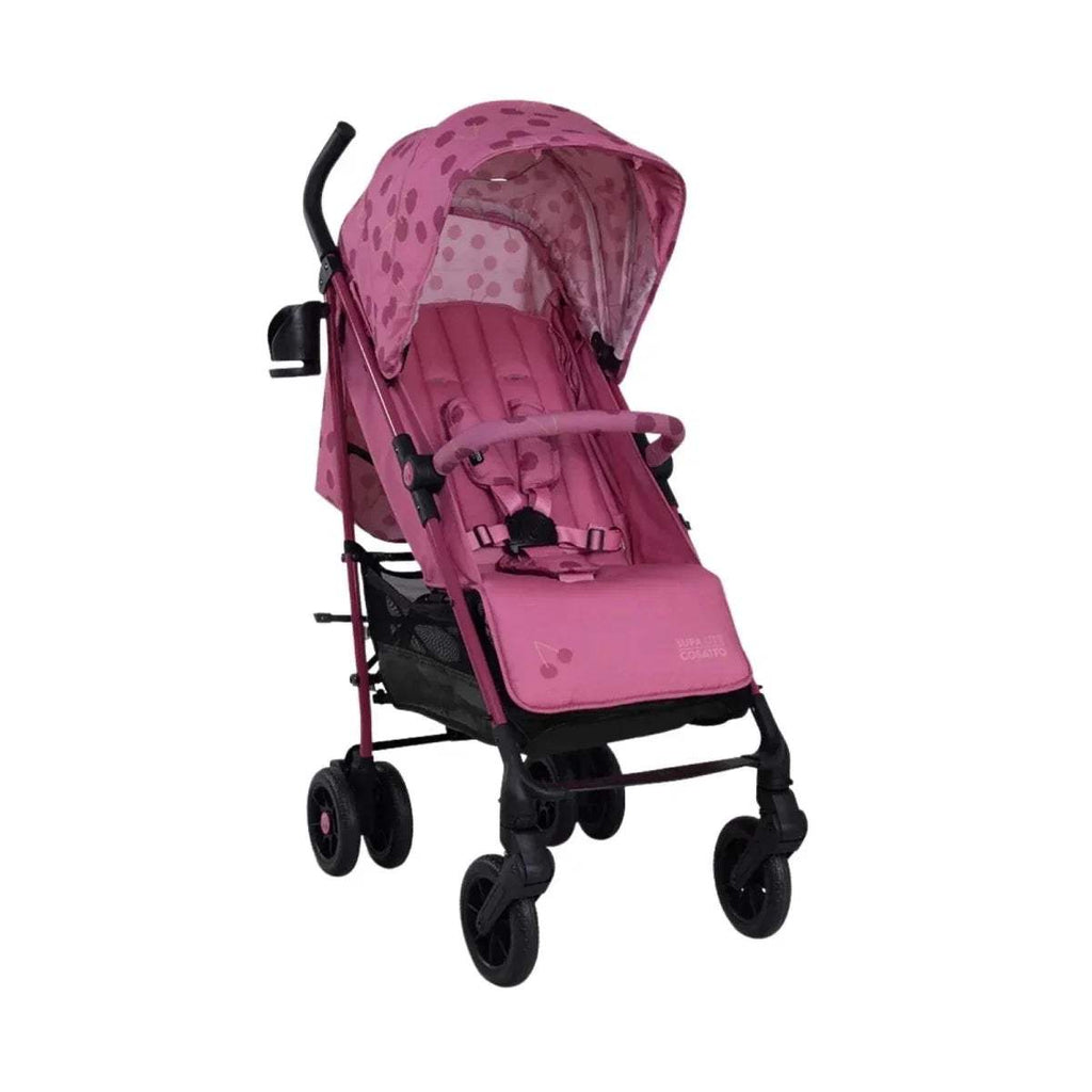 Cherry pink patterned travel stroller with canopy and 5-point harness