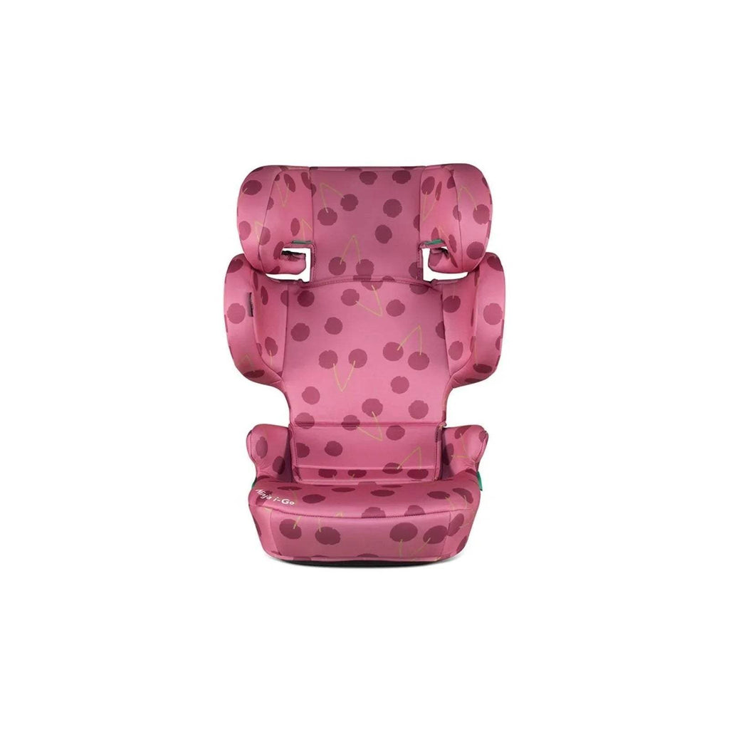 Cherry Pie patterned child car seat with green belt guides, headrest and base shown