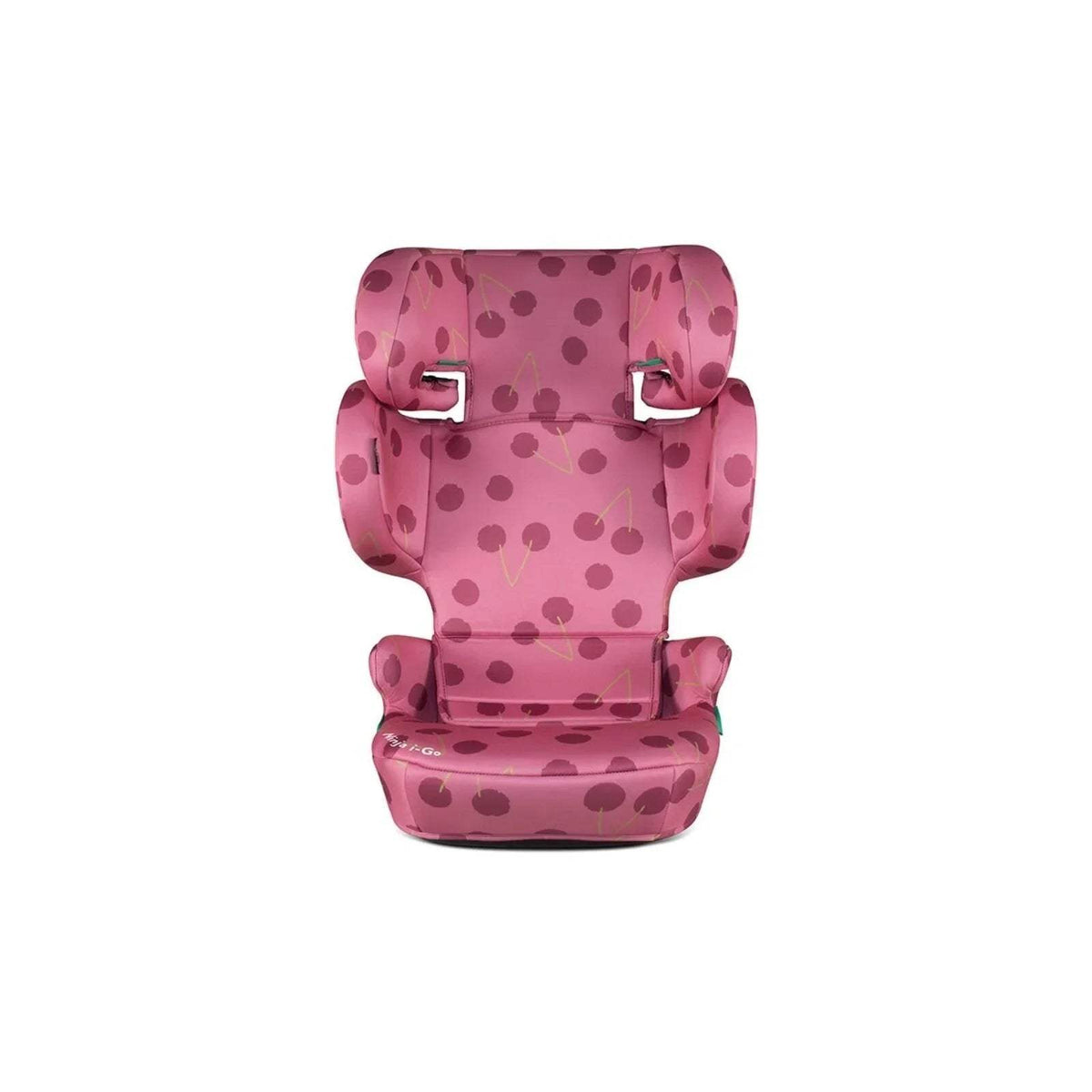 Cherry Pie patterned child car seat with green belt guides, headrest and base shown