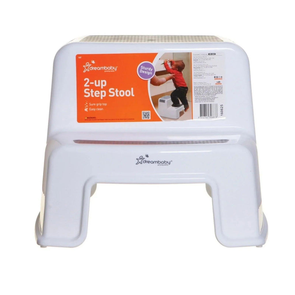 White two-step step stool with printed label on top surface