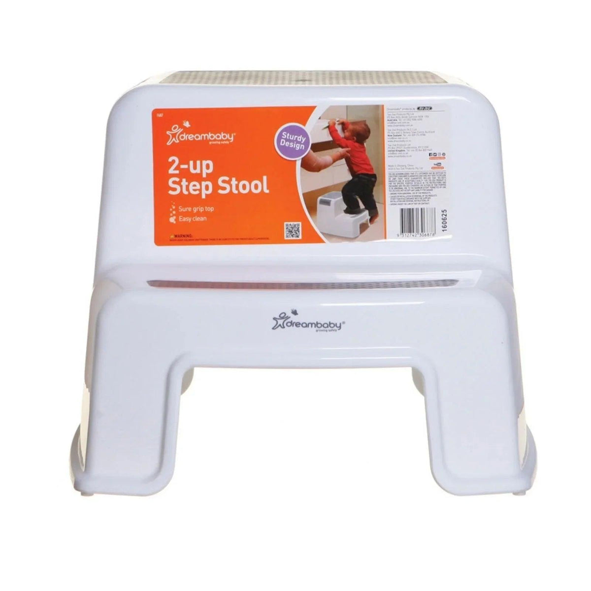 White two-step step stool with printed label on top surface