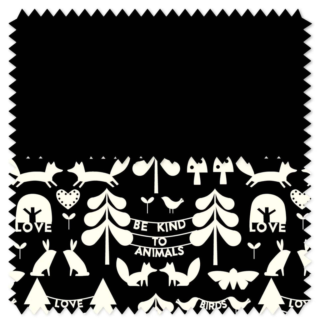Black-and-white animal-themed car seat fabric panel with trees, birds, and hearts