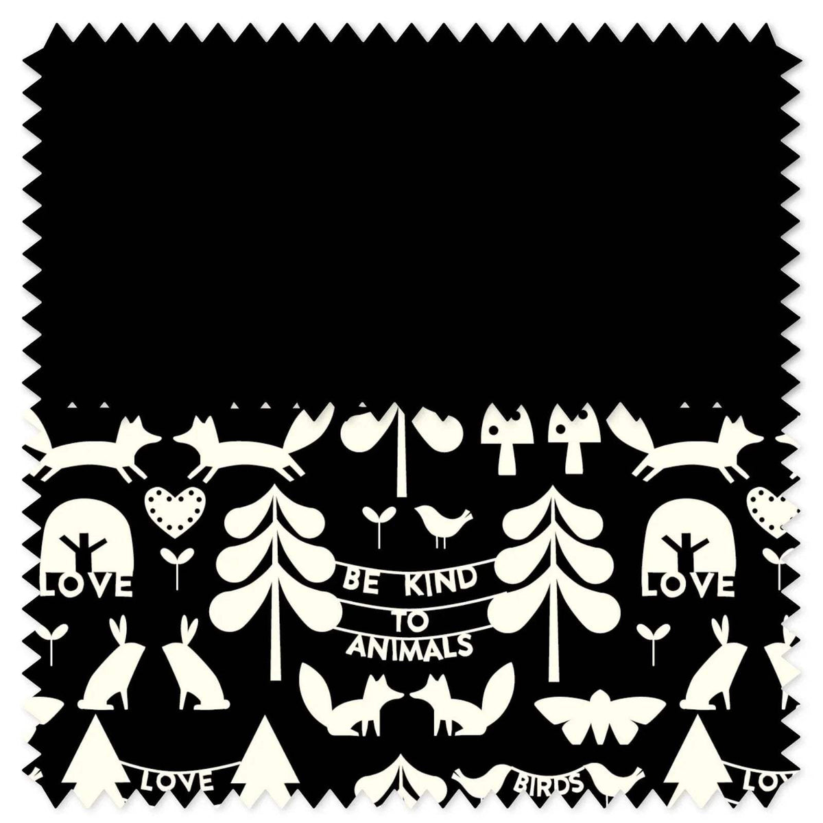 Black-and-white animal-themed car seat fabric panel with trees, birds, and hearts