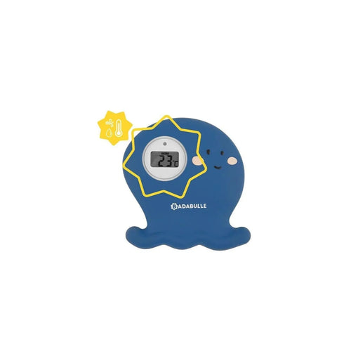 Blue whale bath thermometer with LCD and yellow temperature indicator badge overlay