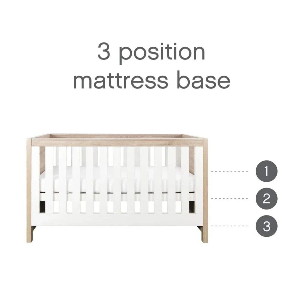 Cot bed mattress base with three height positions, shown with slat frame.