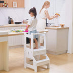 White kids step stool with chalkboard back and open storage shelves