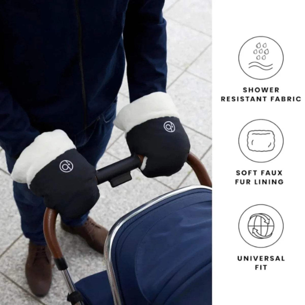 Ickle Bubba pram mitts on stroller handle: black outer with white faux-fur cuffs