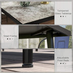 Grey square outdoor dining table showing tempered glass top, steel frame, adjustable foot pads