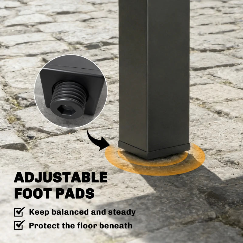 Adjustable foot pad detail on black aluminium table leg for outdoor leveling