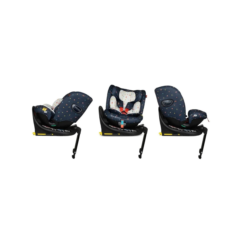Navy doodle-pattern i-Size car seat shown from multiple angles with 5-point harness