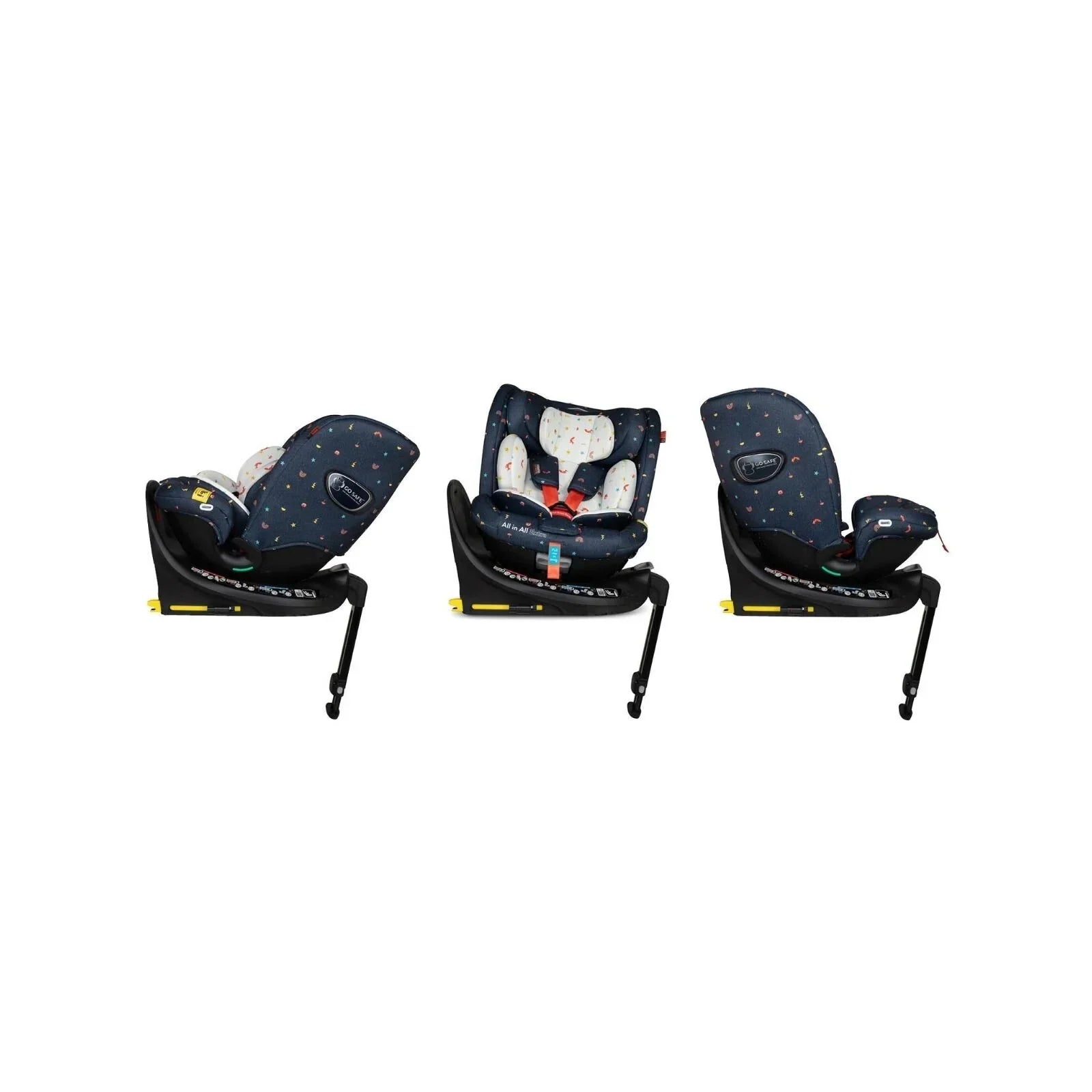 Navy doodle-pattern i-Size car seat shown from multiple angles with 5-point harness