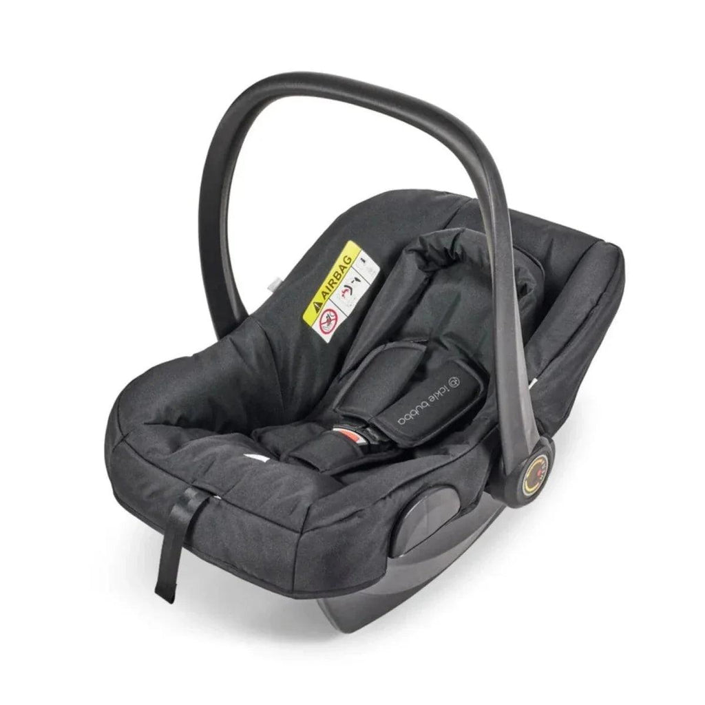 Black infant car seat with carrying handle, padded insert, and harness straps