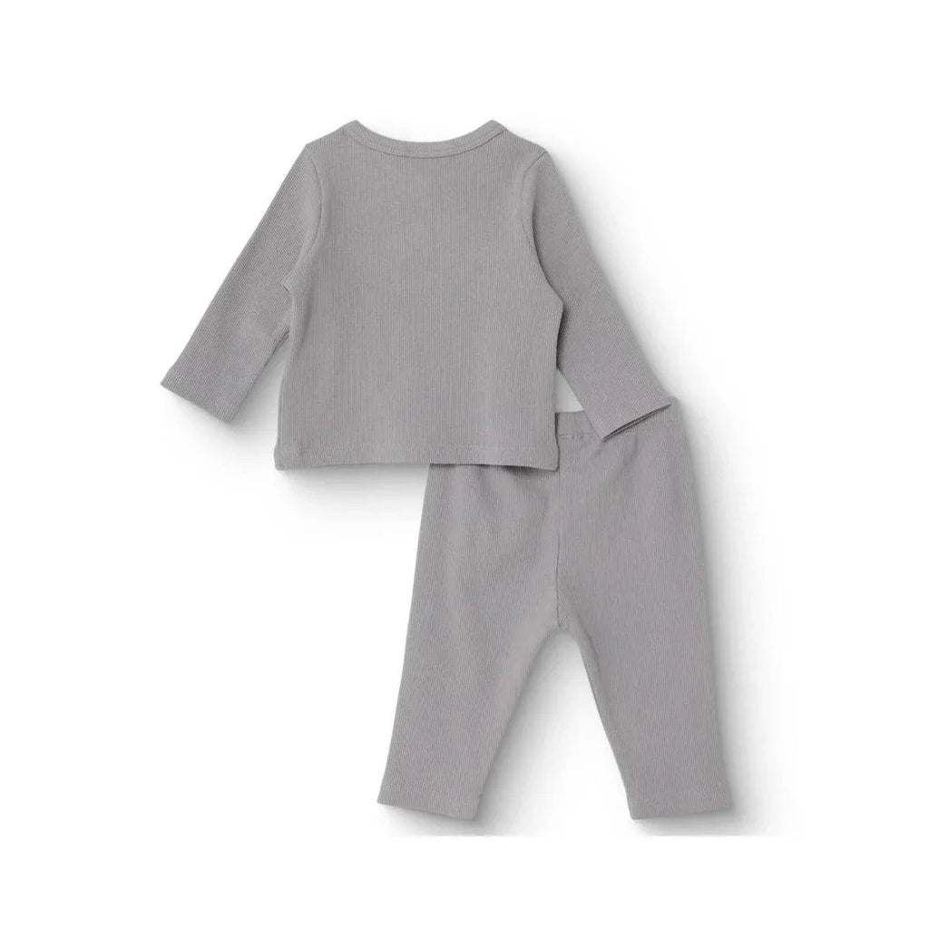 Grey ribbed baby sweatshirt and leggings set, long sleeves and pull-on pant legs