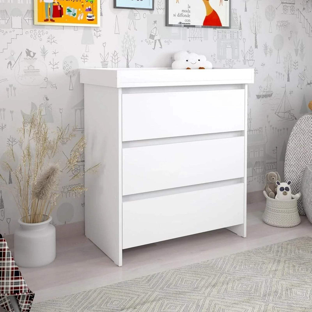 White baby changing unit with open cabinet shelves and fixed changing rail