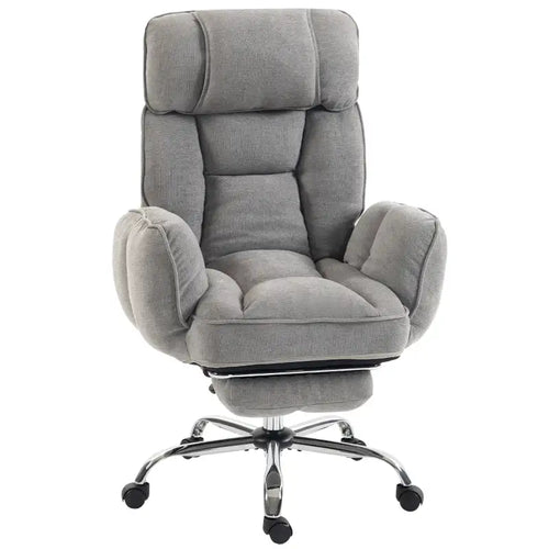 Grey fabric executive office chair with flip-up arms, recline seat, and caster base