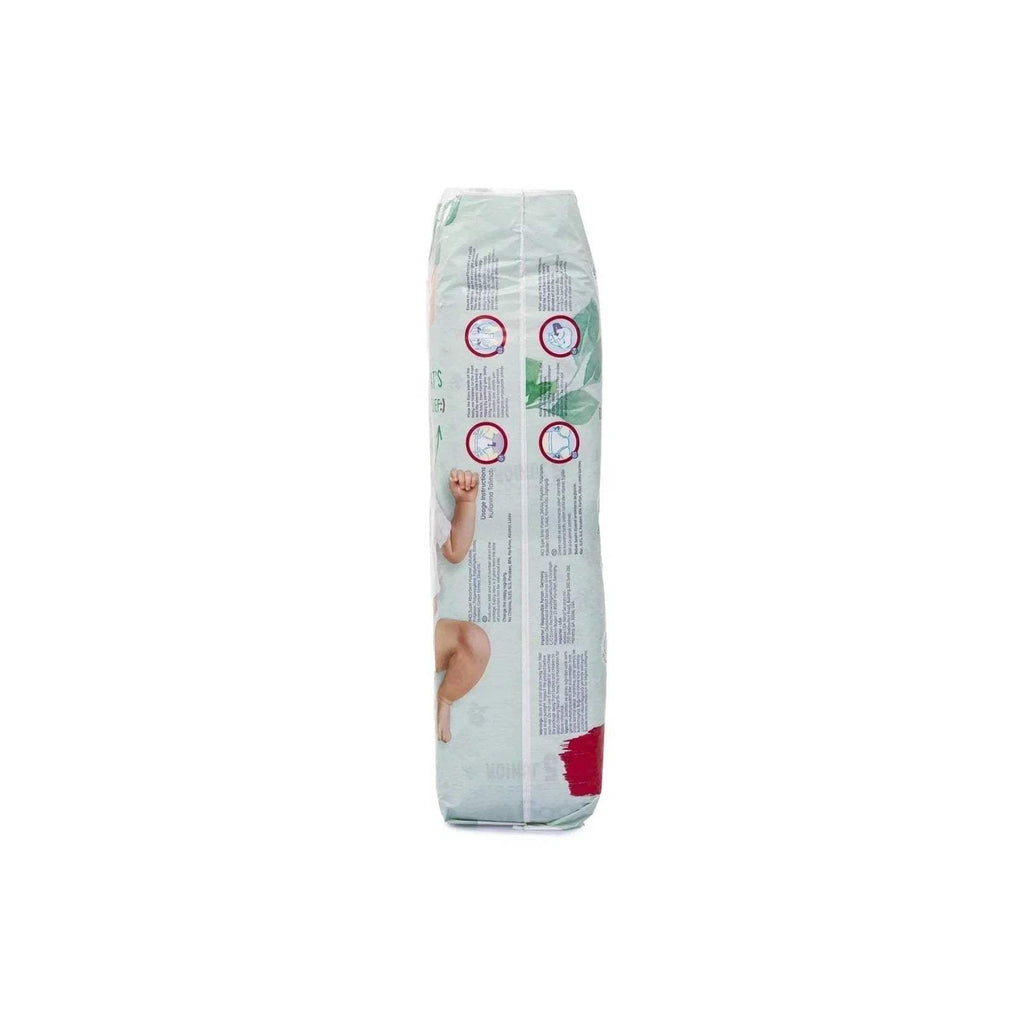 Baby me junior nappies pack, size 5, 50 count, back view with feature icons