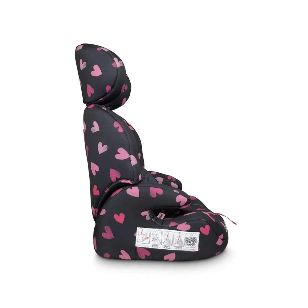 Charcoal car seat with pink heart pattern, rear-side view and buckle detail