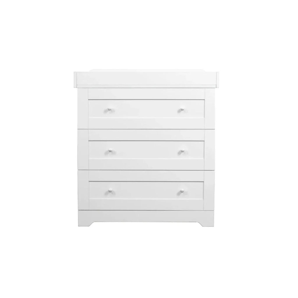 White dresser front with four drawer fronts and metal knob pulls