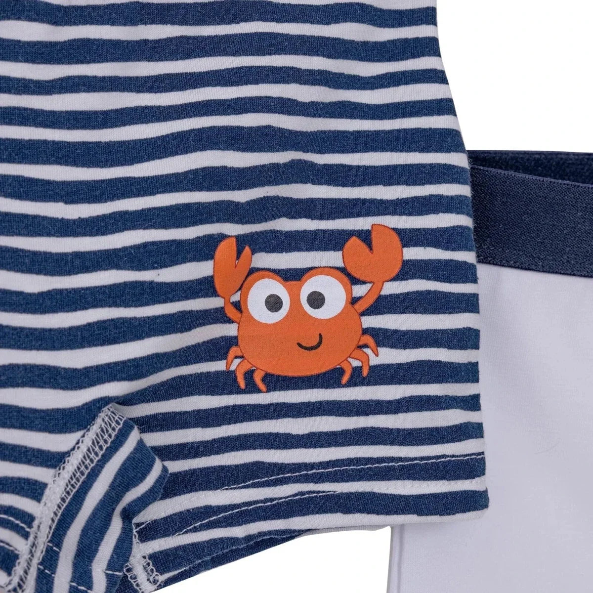 Boys navy blue striped knickers with orange crab front graphic detail