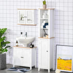 White under-sink cabinet with two doors and open side shelf storage, wood top