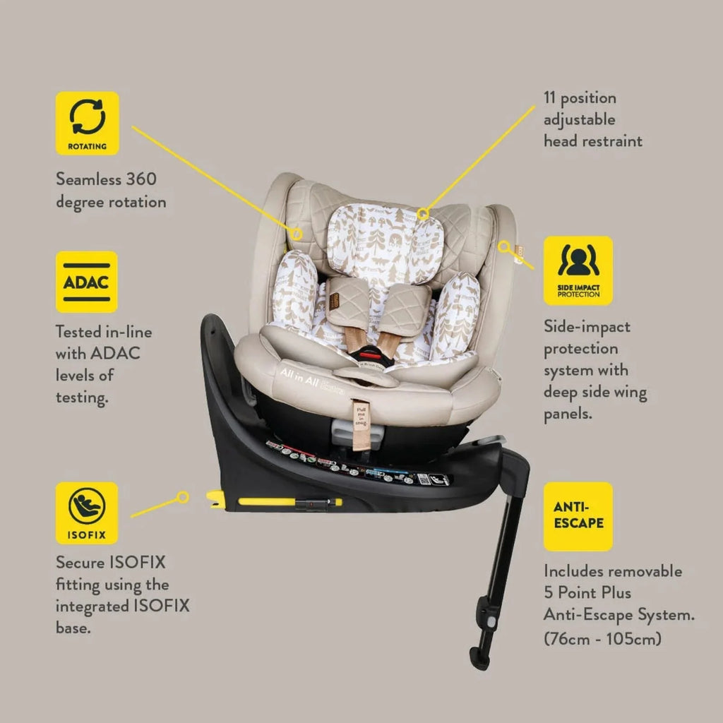 Beige car seat with white patterned headrest and multi-position adjustment on base