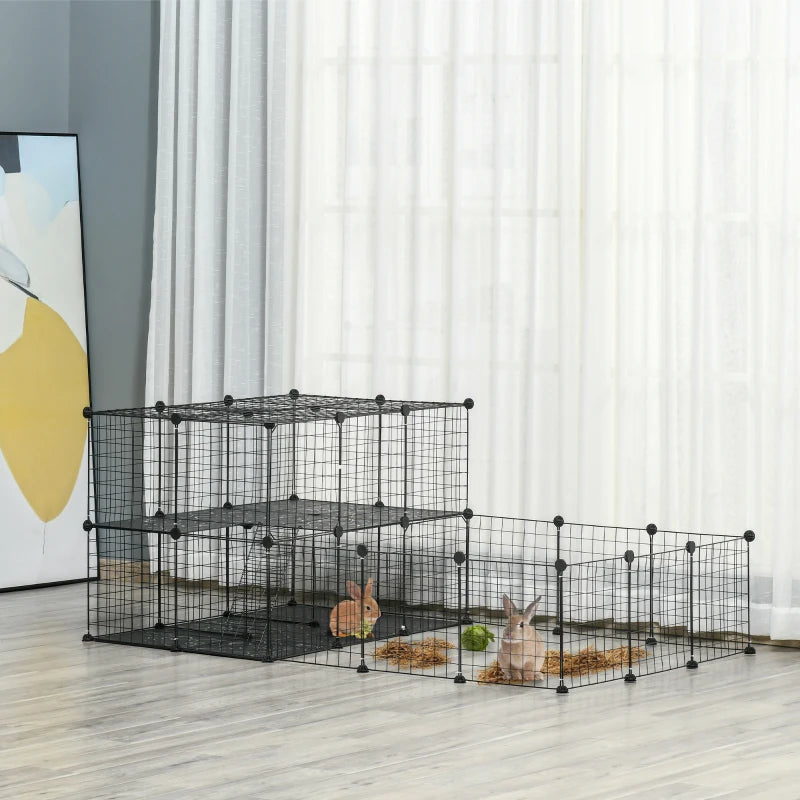 Black metal mesh pet playpen enclosure with platforms and multiple small animal spaces