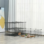 Black metal mesh pet playpen enclosure with platforms and multiple small animal spaces