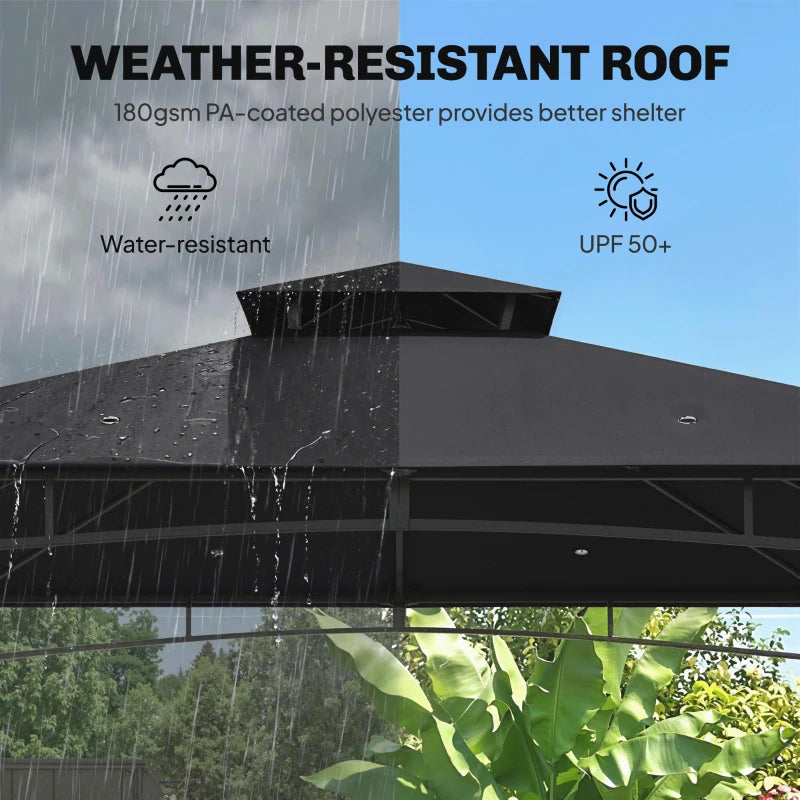 Black two-tier gazebo roof with rain droplets, metal frame beams visible