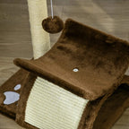 Brown sisal scratching platform with padded ramp and dangling ball on vertical post