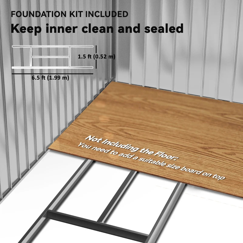 Light grey metal shed foundation kit with floor frame and inner wall panels.