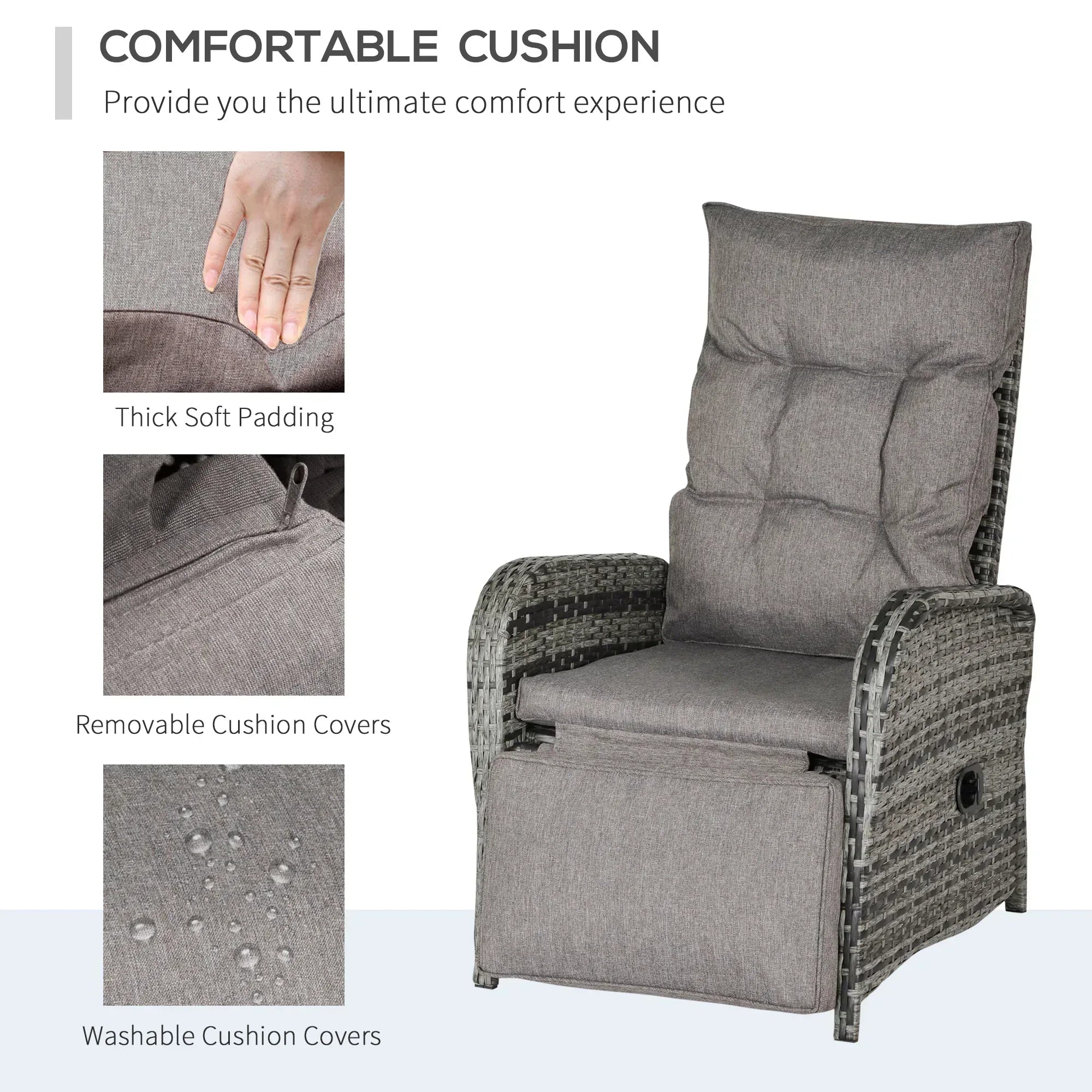 2 Seater Patio Wicker Chaise Lounge Sofa Set with Fabric Cushion, Grey - Bobobiy