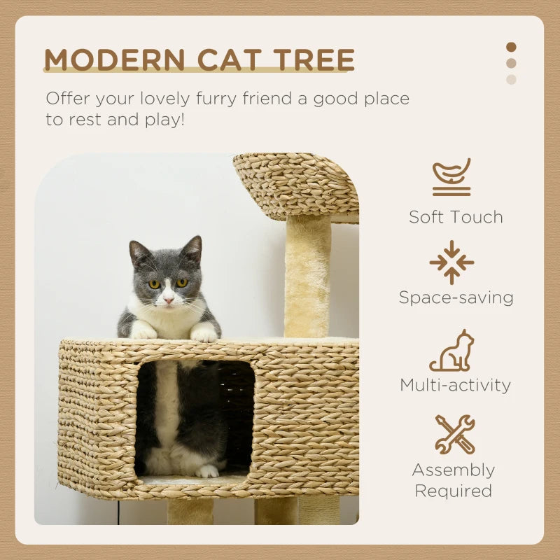 Beige cat tree tower packaging showing woven perches and hanging toy ball