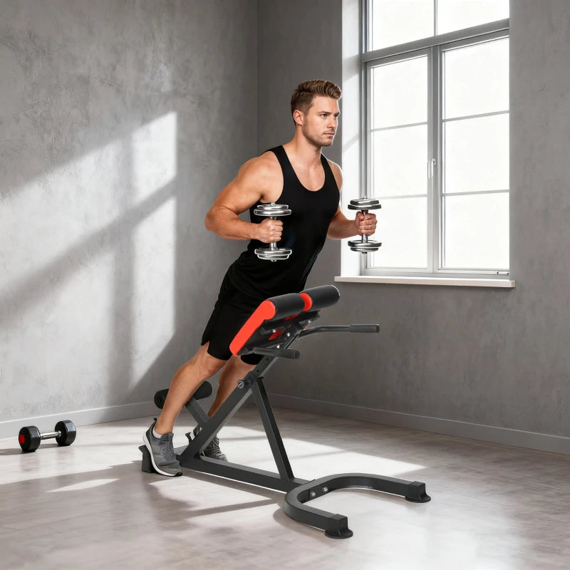 Red and black hyperextension bench with cushioned back and armpad support