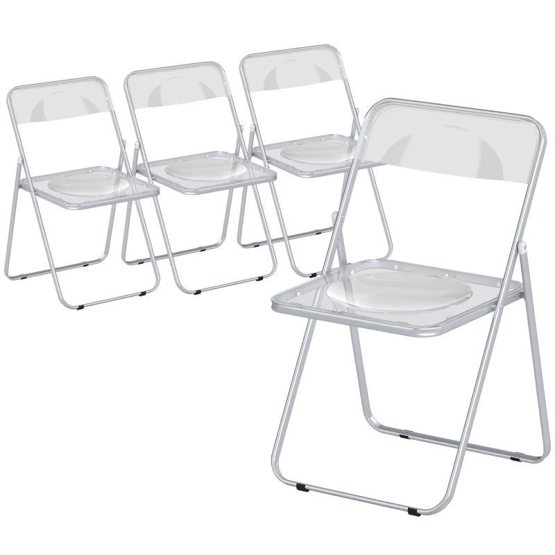 Clear folding chair set with transparent seat and backrest, metal steel frame