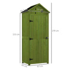 Dark green wooden garden shed with dimensions shown on front view