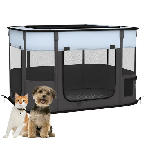 Grey foldable dog playpen with mesh panels and dual front openings for easy access