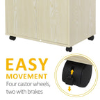 Light oak tone cabinet base with four caster wheels and two-door storage front