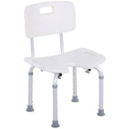 White bath stool chair with contoured seat, backrest, and silver aluminum legs with rubber feet