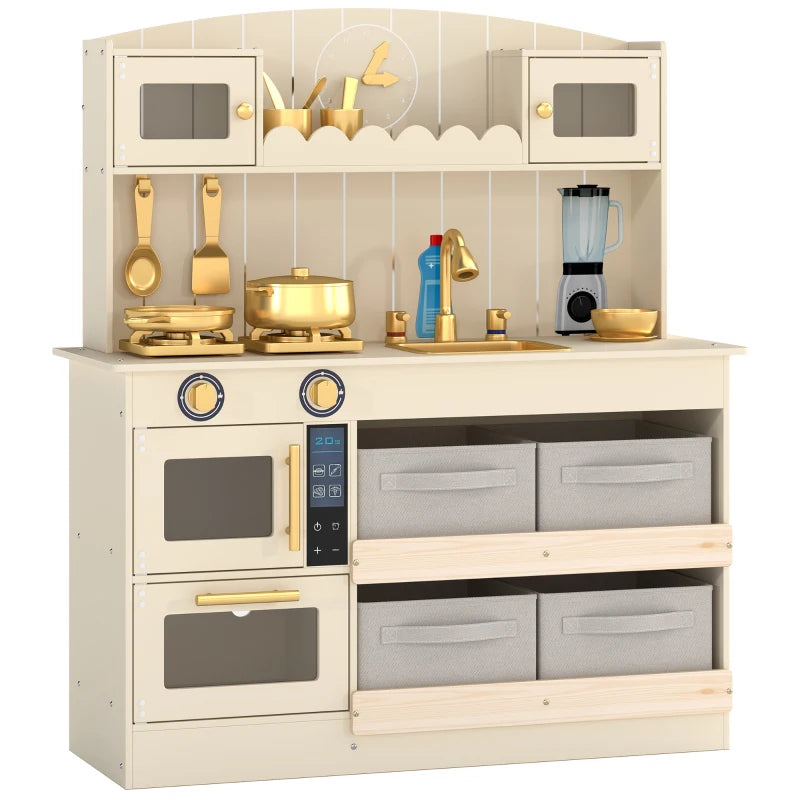 Cream kids play kitchen toy with two ovens, stovetop, knobs, and hanging utensils