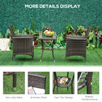 Three-piece brown rattan patio set with armchairs, round glass-top table, white cushions