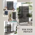 Black metal privacy divider with triangle pattern, freestanding outdoor use