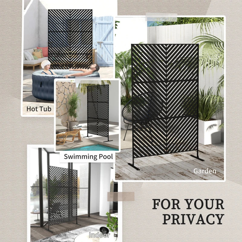 Black metal privacy divider with triangle pattern, freestanding outdoor use