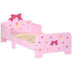 Pink kids toddler bed with princess bow headboard and side safety rails, heart and ice-cream prints