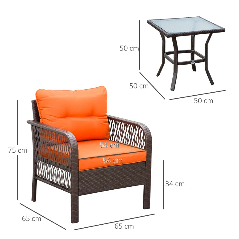 Rattan bistro set with orange cushions, glass-top table, and two matching chairs
