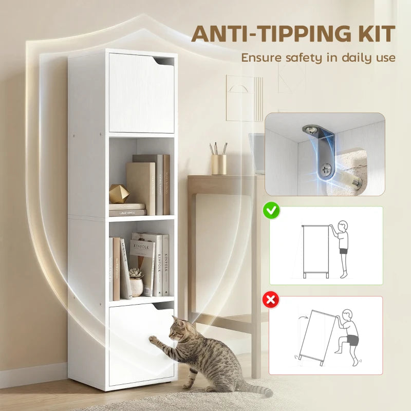 White narrow bookshelf cabinet with anti-tipping kit bracket and open shelving